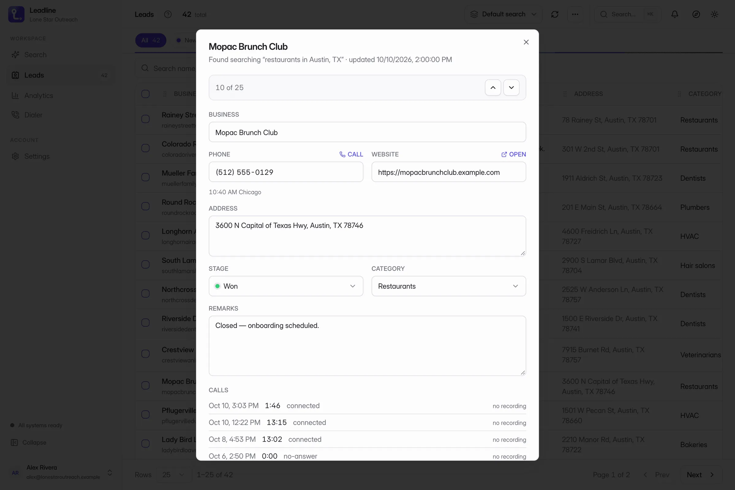 Every row, with a way to reach them — Leadline screenshot