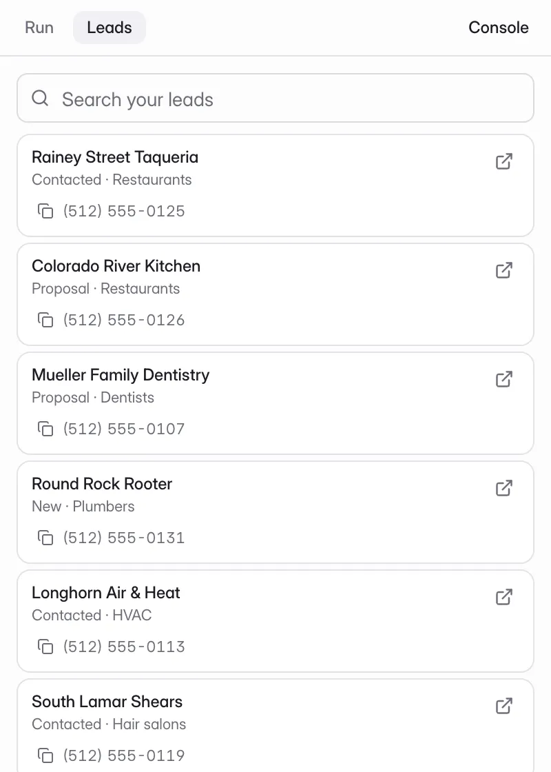 The Leadline side panel listing saved leads with their stage, category and phone number